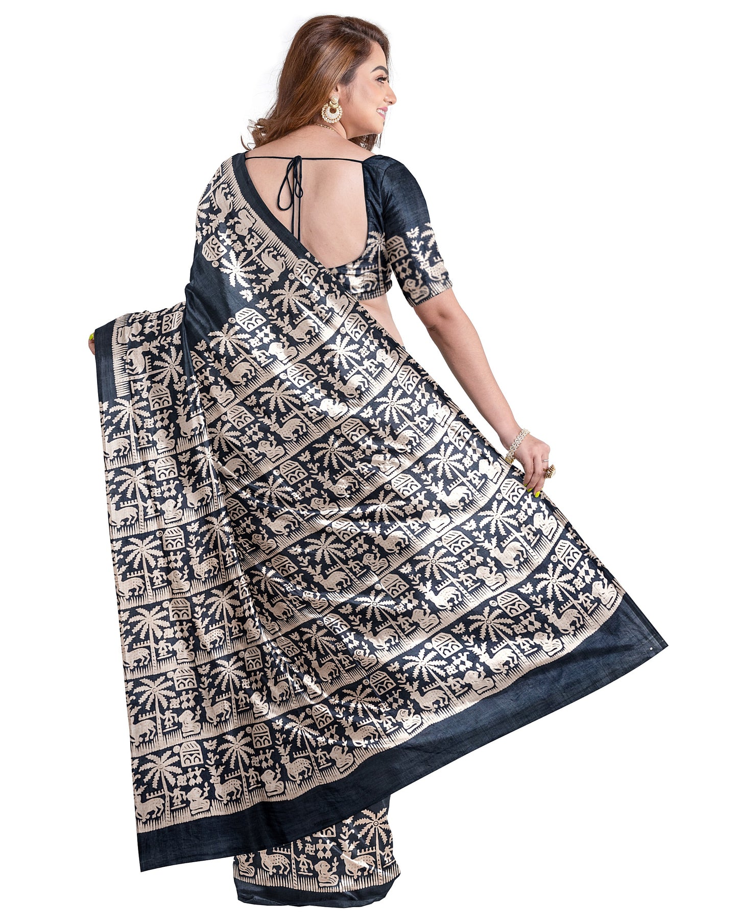 Grey Block Printed Pure Silk Mark Certified Bishnupuri Silk Sarees - Dailybuyys