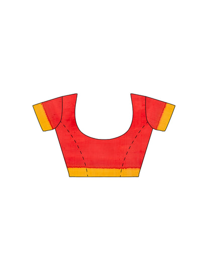 Orange Red Mix Dye Block Printed Pure Silk Mark Certified Bishnupuri Silk Sarees - Dailybuyys