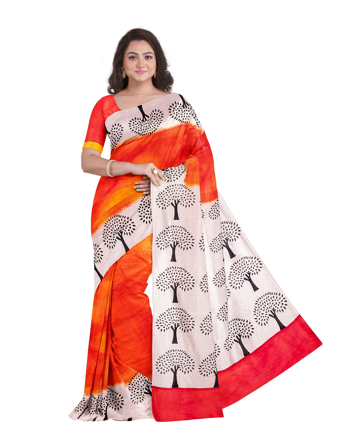Orange Red Mix Dye Block Printed Pure Silk Mark Certified Bishnupuri Silk Sarees - Dailybuyys