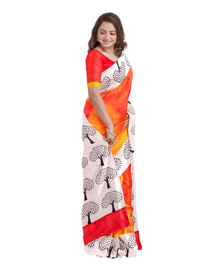 Orange Red Mix Dye Block Printed Pure Silk Mark Certified Bishnupuri Silk Sarees - Dailybuyys