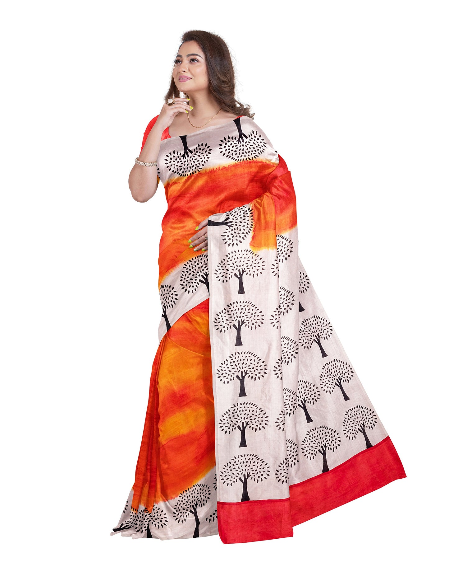 Orange Red Mix Dye Block Printed Pure Silk Mark Certified Bishnupuri Silk Sarees - Dailybuyys