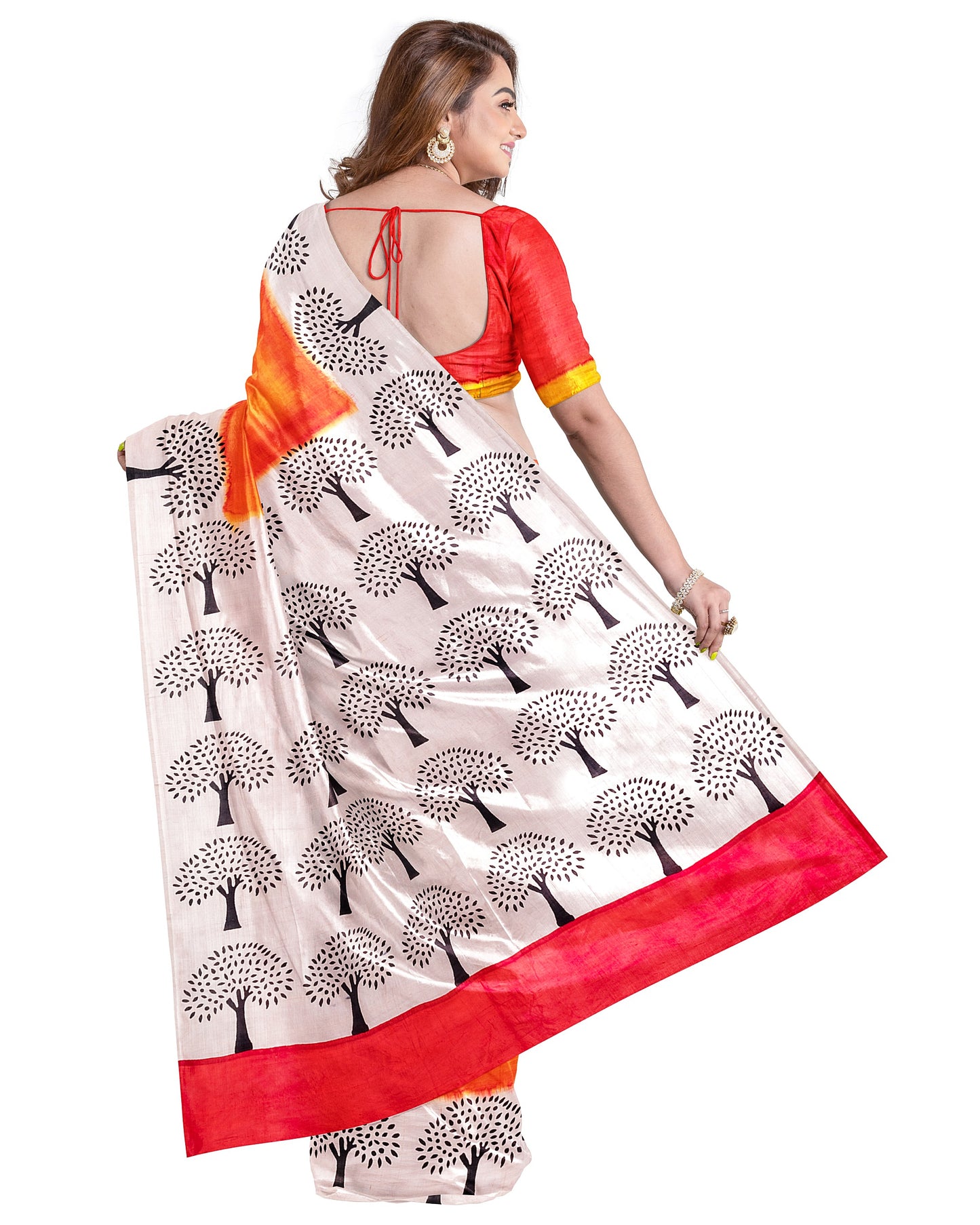 Orange Red Mix Dye Block Printed Pure Silk Mark Certified Bishnupuri Silk Sarees - Dailybuyys