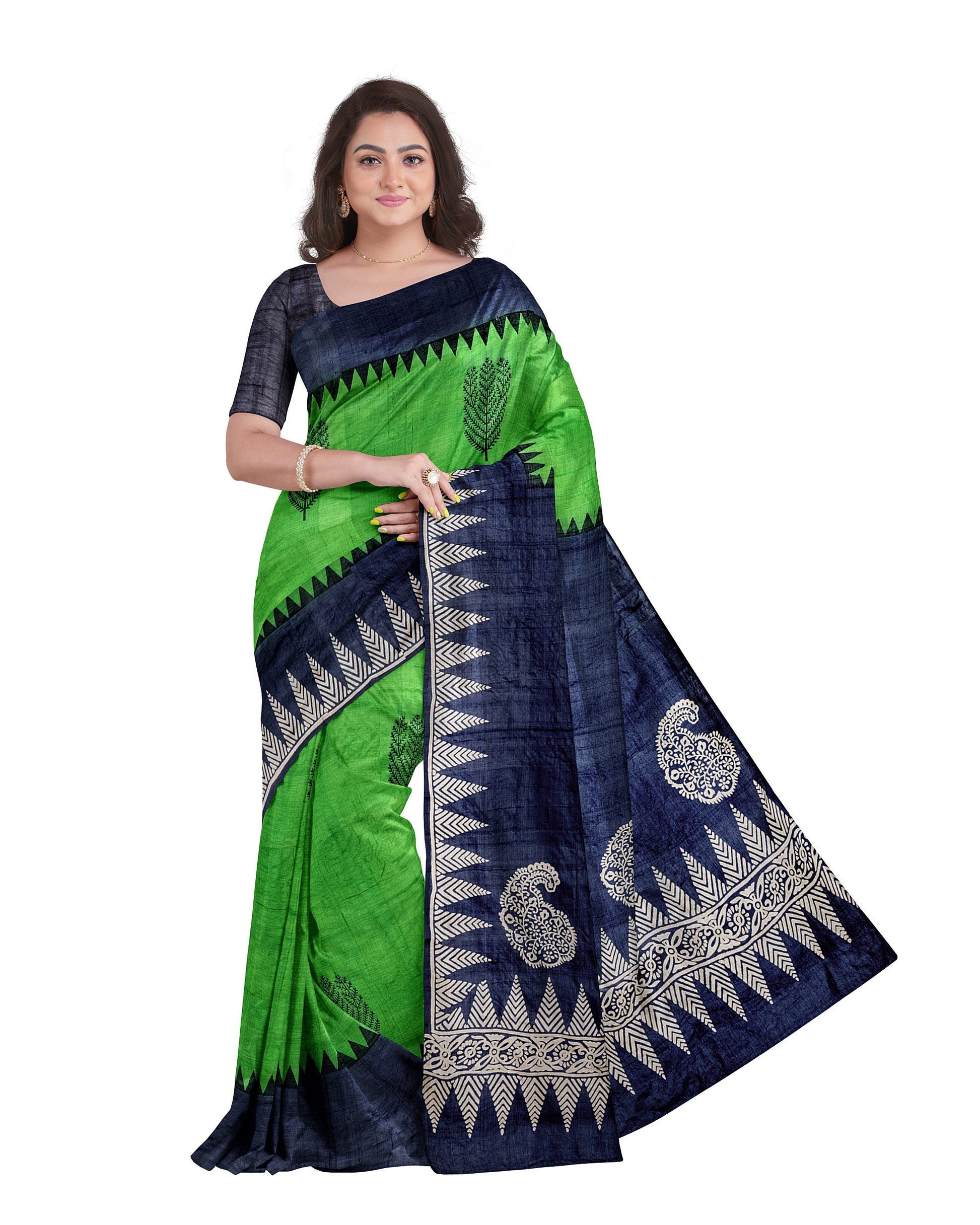 Green Black Block Printed Pure Silk Mark Certified Bishnupuri Silk Sarees