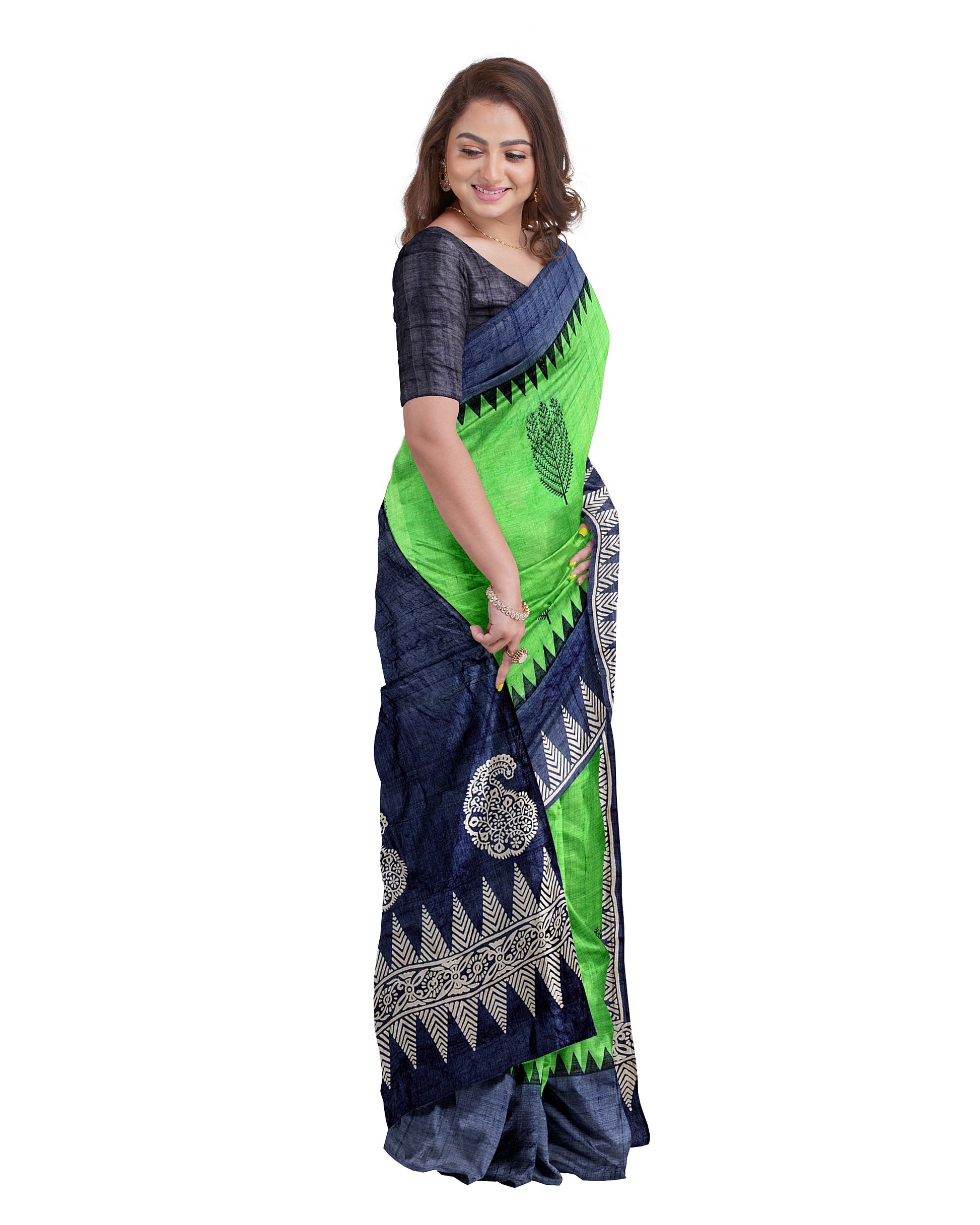 Green Black Block Printed Pure Silk Mark Certified Bishnupuri Silk Sarees