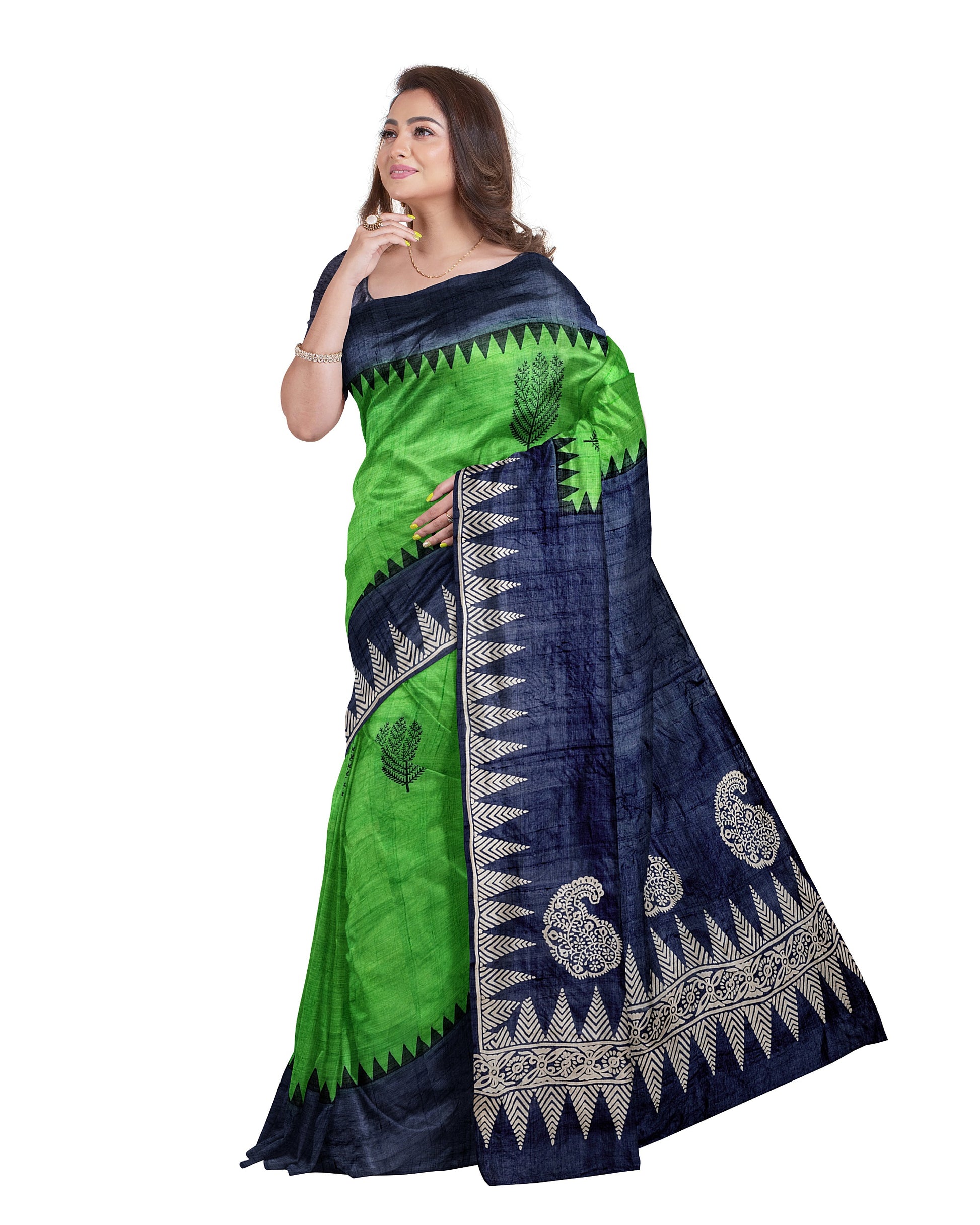 Green Black Block Printed Pure Silk Mark Certified Bishnupuri Silk Sarees