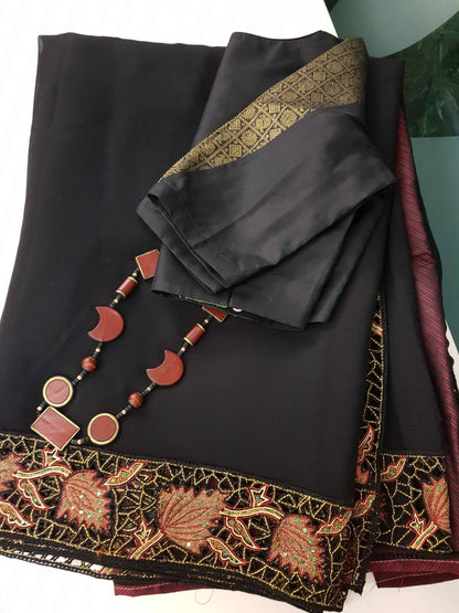 Black Cut Work Pure Silk Mark Certified Tussar Silk Sarees