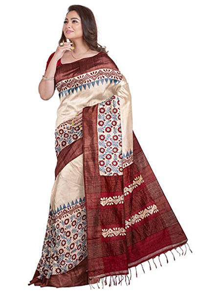 Red Beige Block Printed Zari Border Pure Silk Mark Certified Tussar Silk Sarees