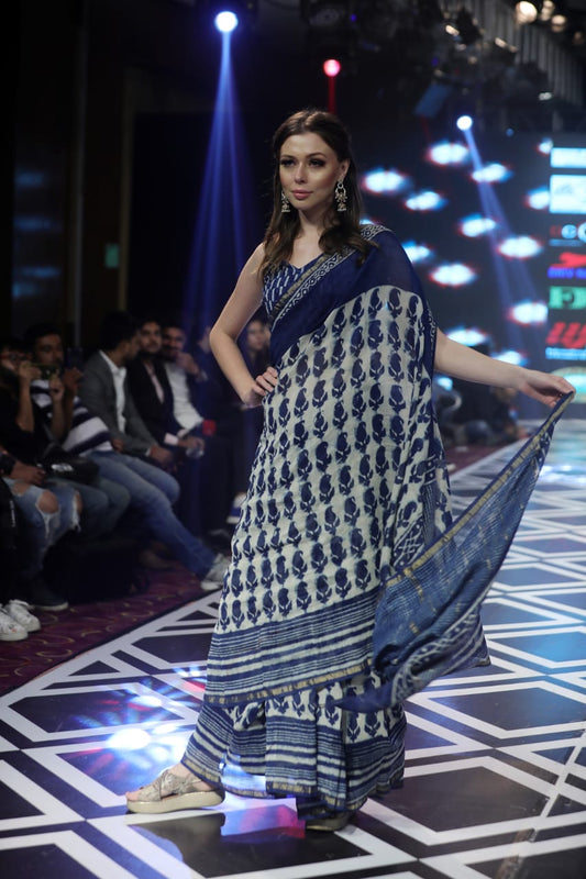 Navy Blue Bagru Printed Pure Chanderi Silk Sarees