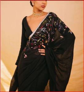 Black Color Floral Embroidery Linen Design Sarees