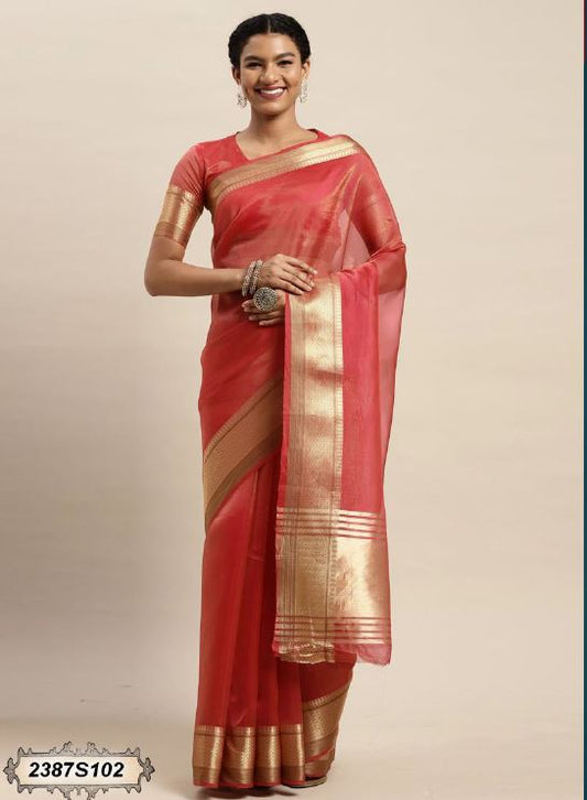 Brick Red zari Organza Saree