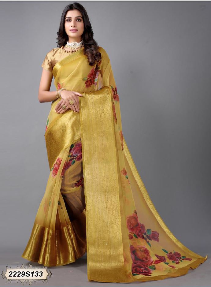 Beautiful Yellow Zari Organza Saree.