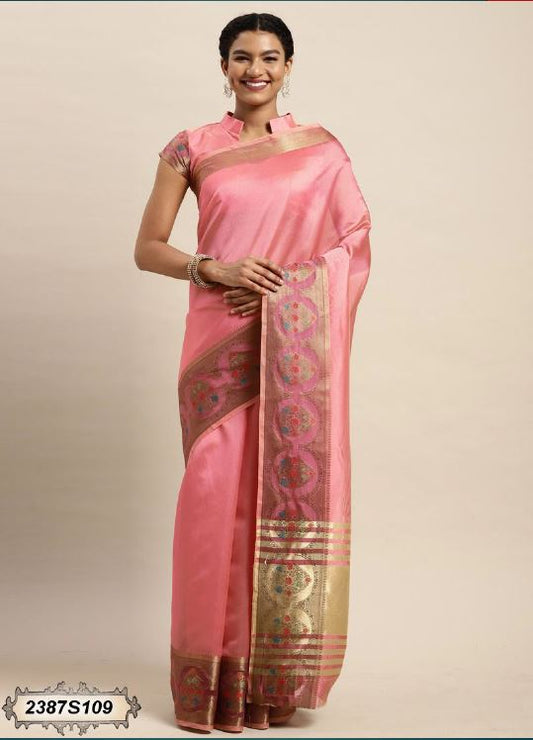 Solid Color Peach with Golden Zari Pure Organza Saree