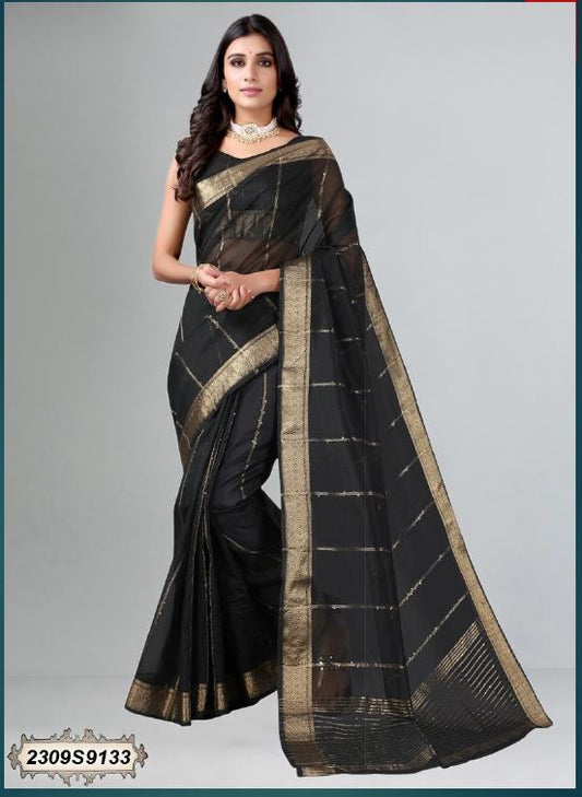 Black and Golden stripped Organza Saree