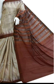 Beige & Chocolate Sambalpuri Pure Silk Mark Certified Tussar Ghicha Silk Sarees