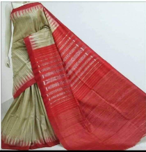 Beige & Red Sambalpuri Pure Silk Mark Certified Tussar Ghicha Silk Sarees