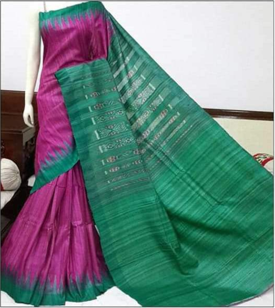 Magenta & Green Sambalpuri Pure Silk Mark Certified Tussar Ghicha Silk Sarees