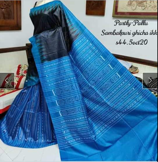 Blue and Black Partly-Pallu Sambalpuri Pure Silk Mark Certified Tussar Ghicha Silk Sarees