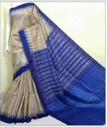 Beige Royal Blue Sambalpuri Pure Silk Mark Certified Tussar Ghicha Silk Sarees