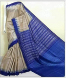 Beige Royal Blue Sambalpuri Pure Silk Mark Certified Tussar Ghicha Silk Sarees