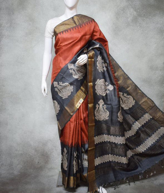 Grey Orange Block Printed Zari Border Pure Silk Mark Certified Tussar Silk Sarees - Dailybuyys