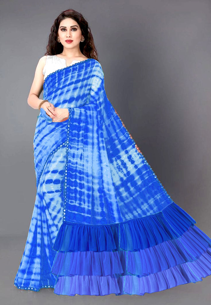 Blue Mirror Border Ruffle Pallu Tie-dyed Designer Georgette sarees