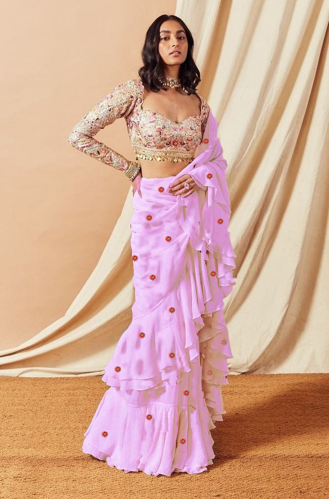Pink mirror embroidered Georgette sarees