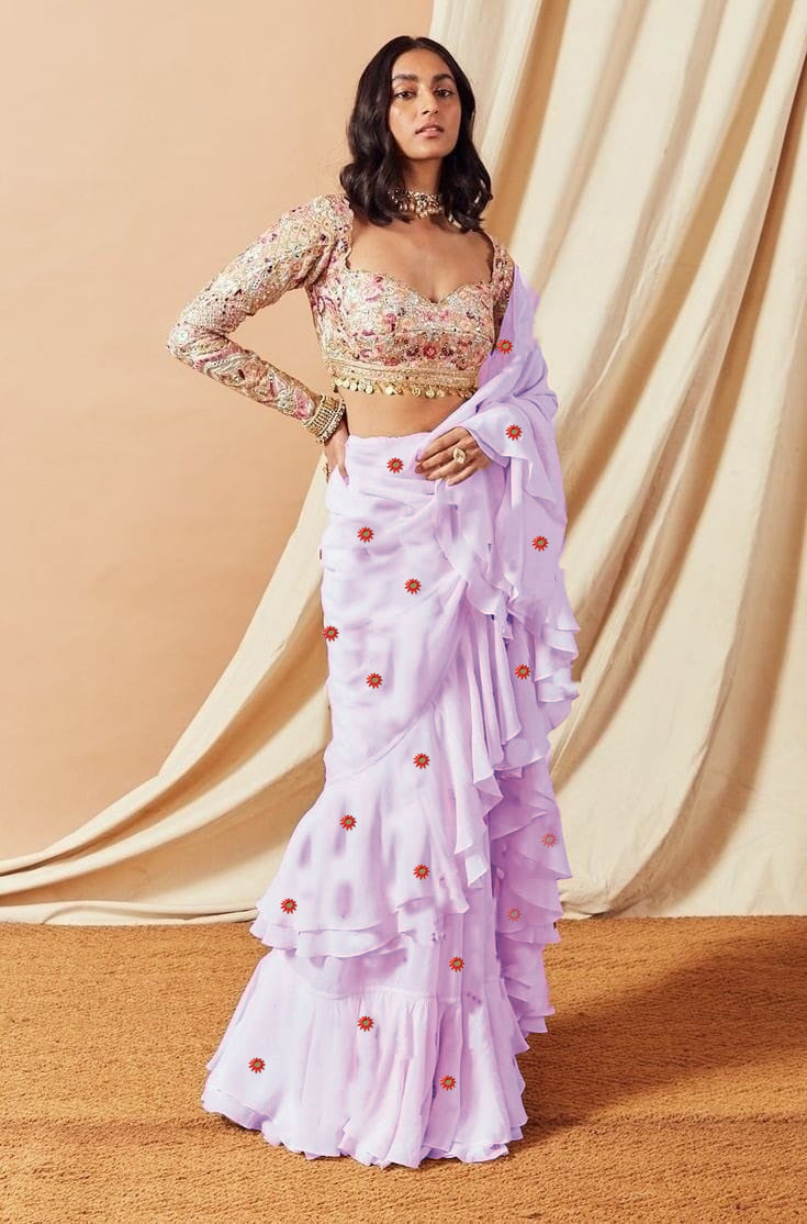 Pale Lilac mirror embroidered Georgette sarees