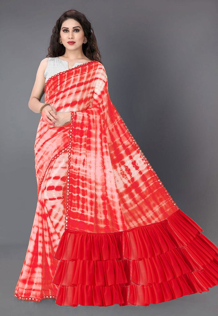 Red Mirror Border Ruffle Pallu Tie-dyed Designer Georgette sarees