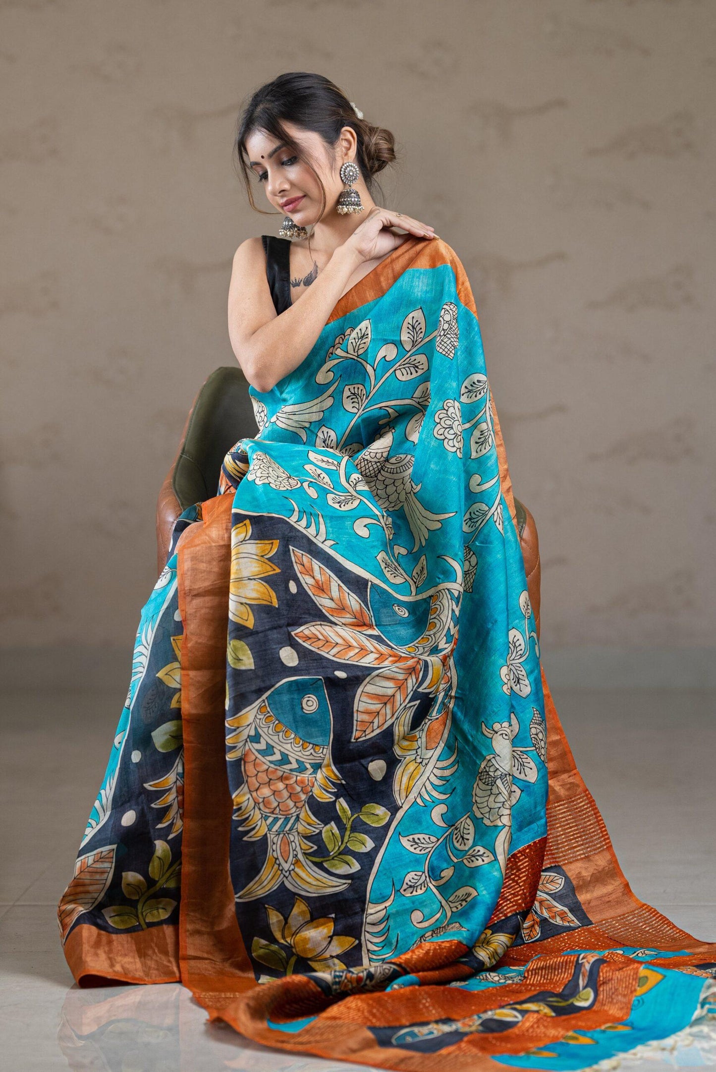 Blue Multi Color Hand Painted Pure Silk Mark Certified Tussar Kalamkari Sarees