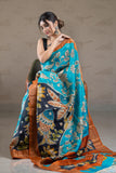 Blue Multi Color Hand Painted Pure Silk Mark Certified Tussar Kalamkari Sarees Get Extra 10% Discount on All Prepaid Transaction