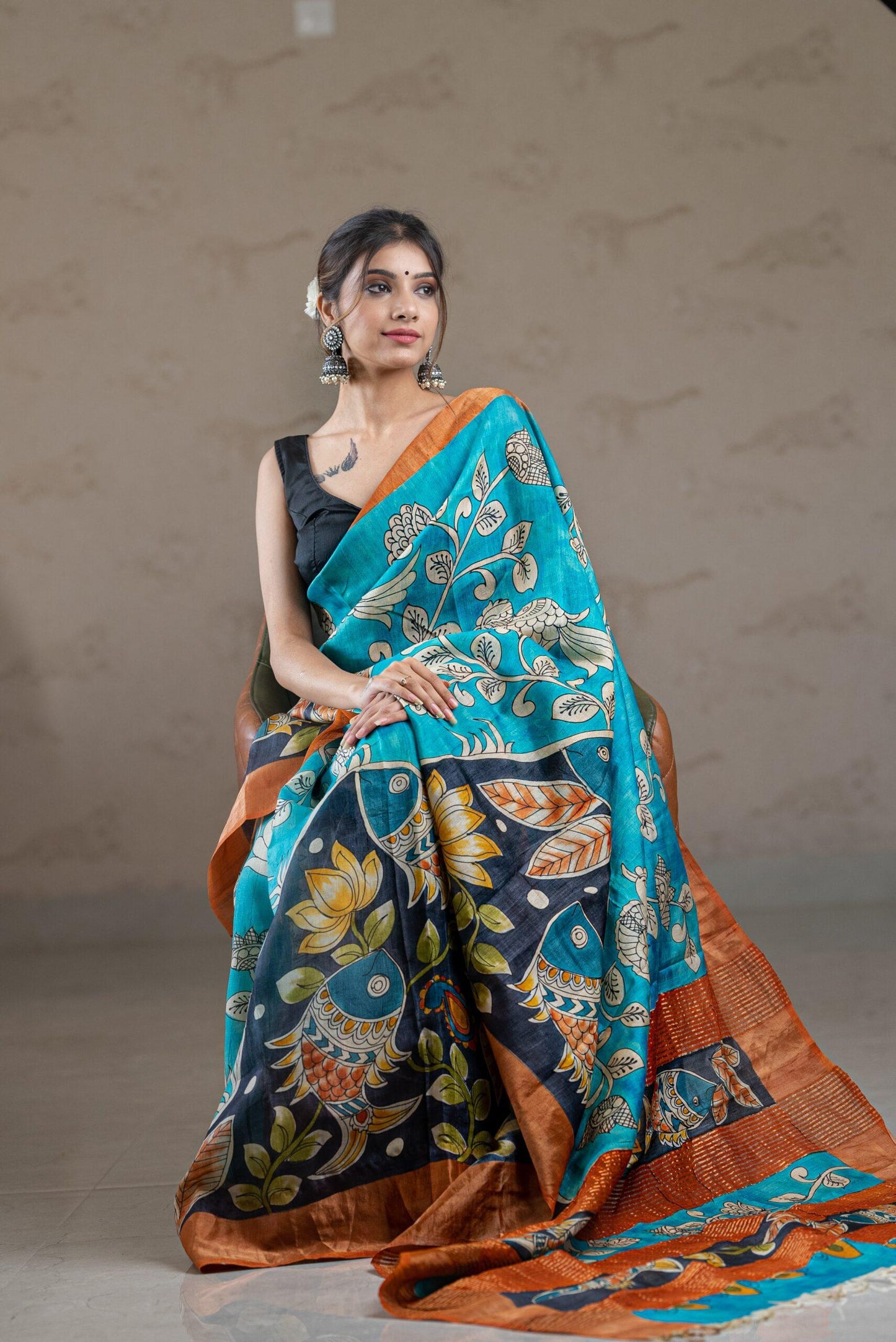 Blue Multi Color Hand Painted Pure Silk Mark Certified Tussar Kalamkari Sarees