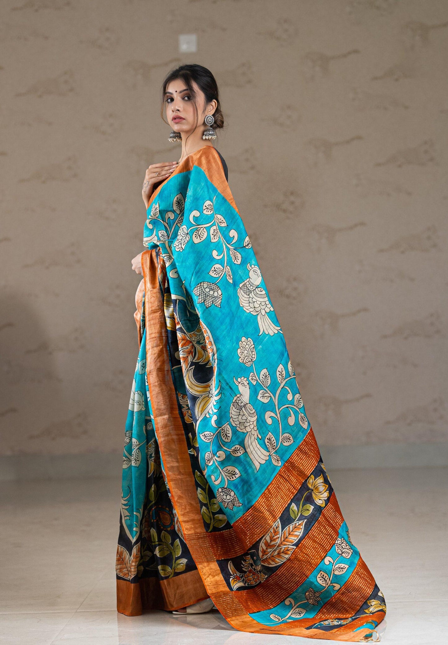 Blue Multi Color Hand Painted Pure Silk Mark Certified Tussar Kalamkari Sarees