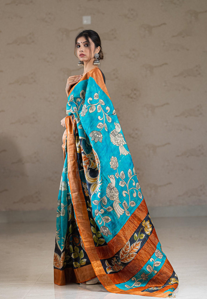 Blue Multi Color Hand Painted Pure Silk Mark Certified Tussar Kalamkari Sarees Get Extra 10% Discount on All Prepaid Transaction