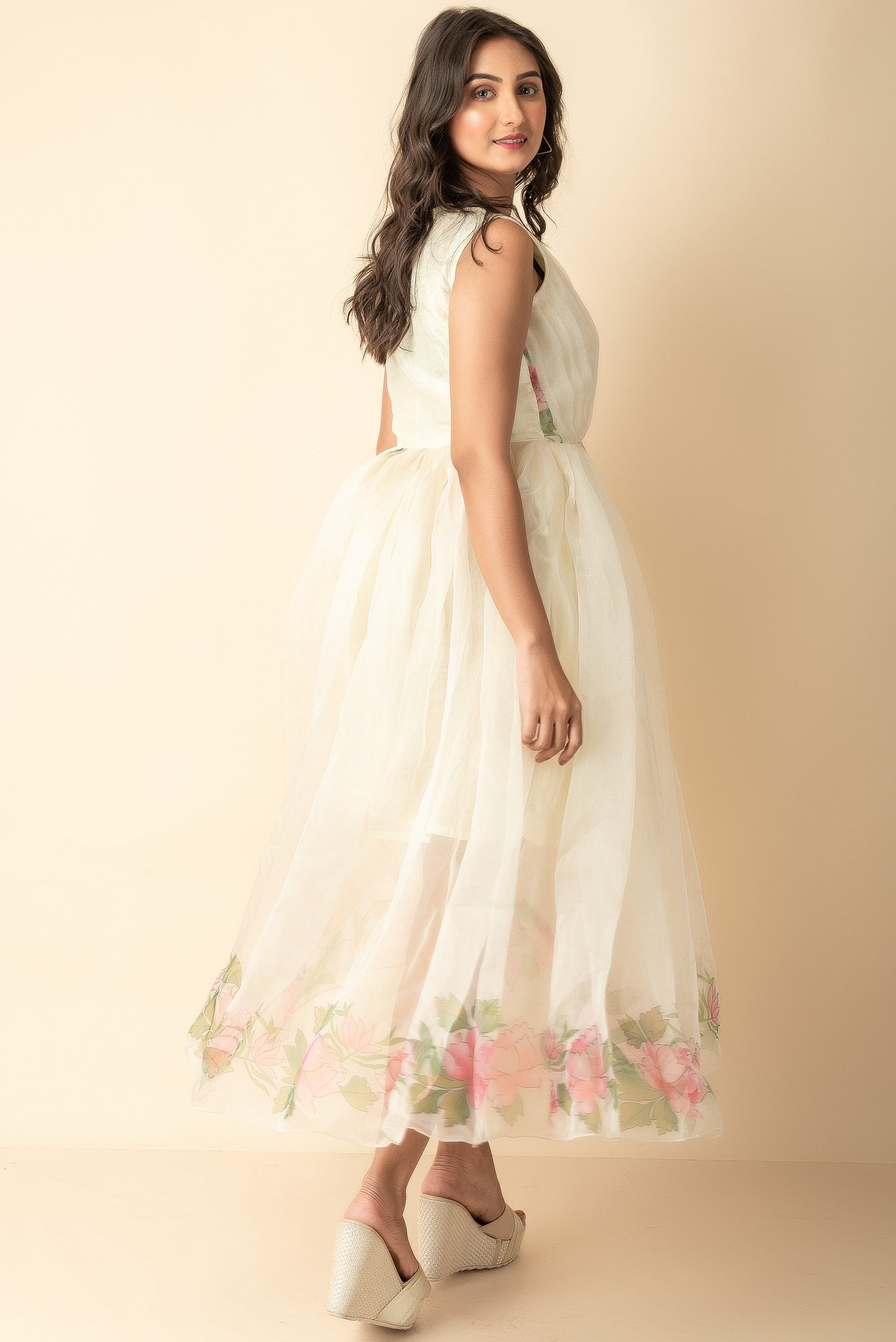 Pale Yellow Organza midi Indo Western wear dress