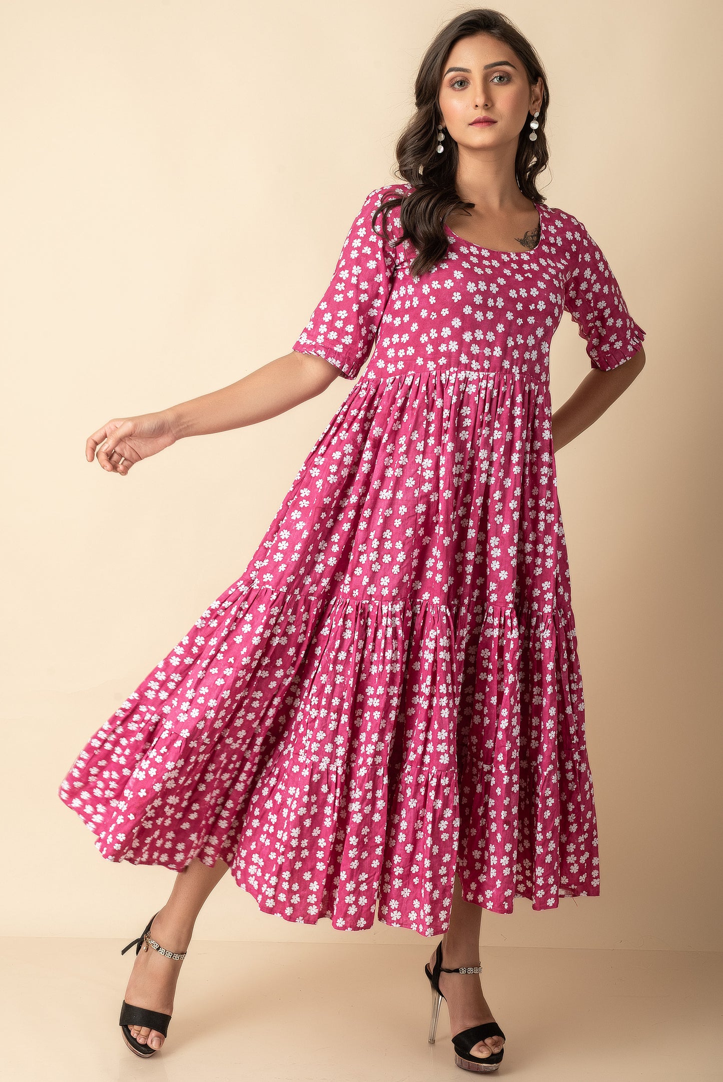 Reddish Pink Cotton Maxi Indo Western  Wear Dress with white block print flowers