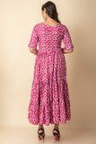 Reddish Pink Cotton Maxi Indo Western  Wear Dress with white block print flowers