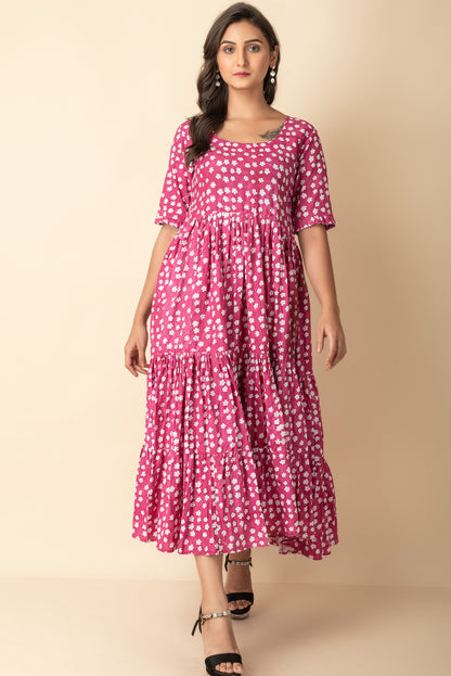 Reddish Pink Cotton Maxi Indo Western  Wear Dress with white block print flowers