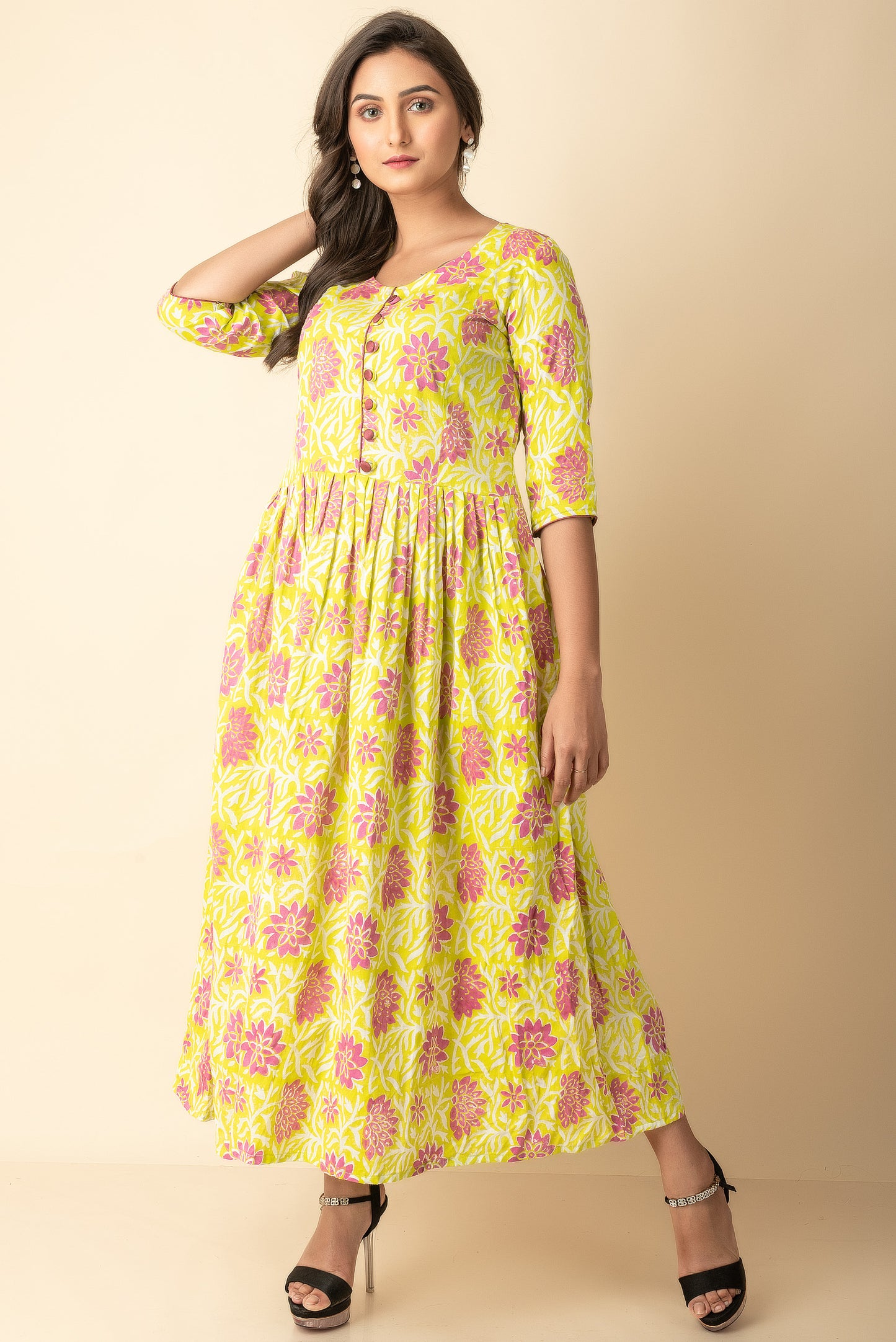 Lime Yellow Hand Block Printed Kurtis dress Indo Western  Wear