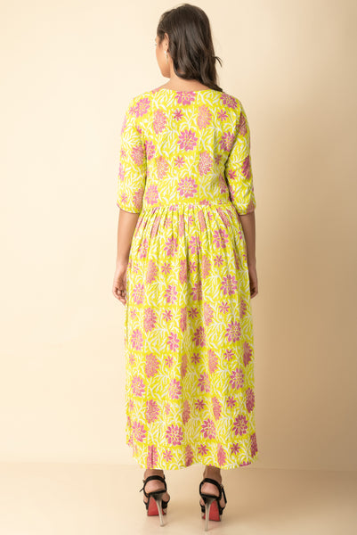 Lime Yellow Hand Block Printed Kurtis dress Indo Western  Wear