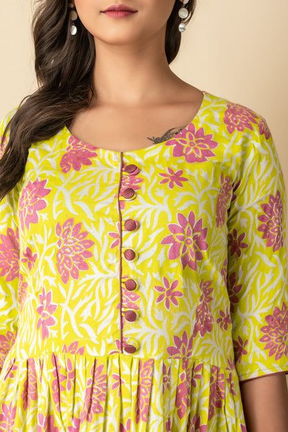 Lime Yellow Hand Block Printed Kurtis dress Indo Western  Wear