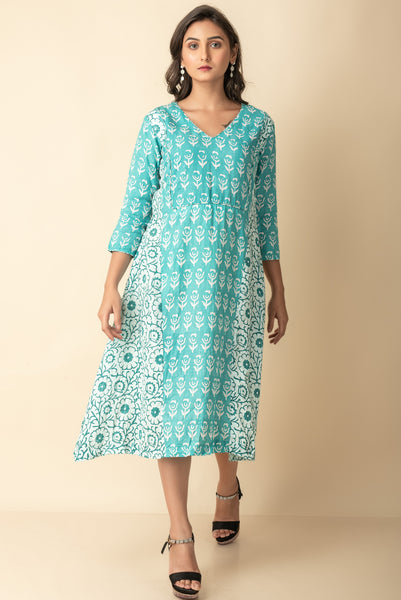 Teal and white Hand block printed kurtis dress Red Imported Long Indo Western Kurtis  Wear