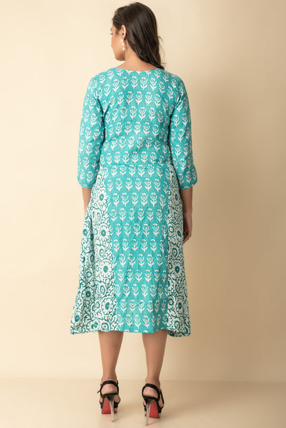 Teal and white Hand block printed kurtis dress Red Imported Long Indo Western Kurtis  Wear