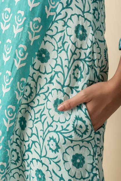 Teal and white Hand block printed kurtis dress Red Imported Long Indo Western Kurtis  Wear