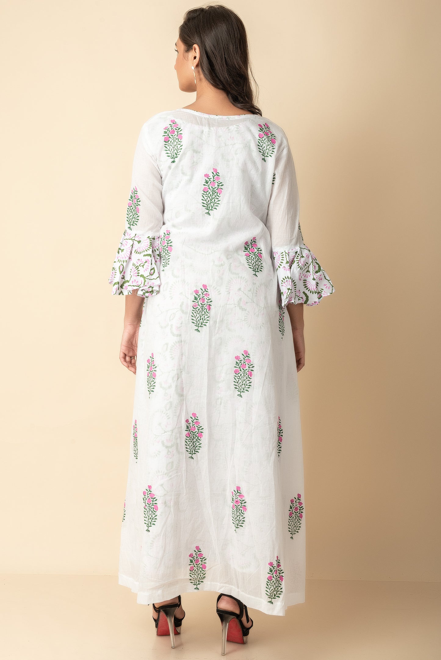 White floral Hand block printd kurtis dress with jacketRed Imported Long Indo Western Kurtis  Wear