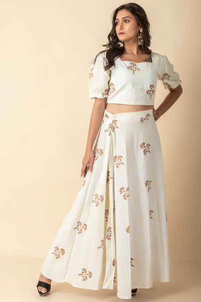 Pale Yellow Hand Block Printed Indo Western  wear Co-ord set dress set