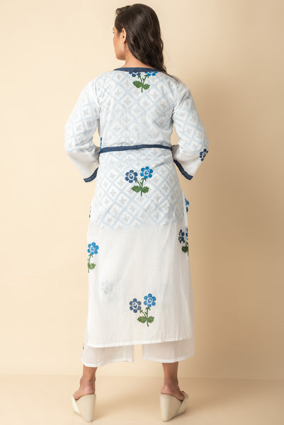 White and Blue Floral Hand Block Printed Kurtis Set Red Imported Long Indo Western Kurtis  Wear