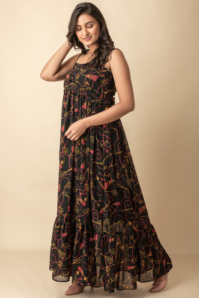 Black printed Chiffon maxi Indo Western wear dress