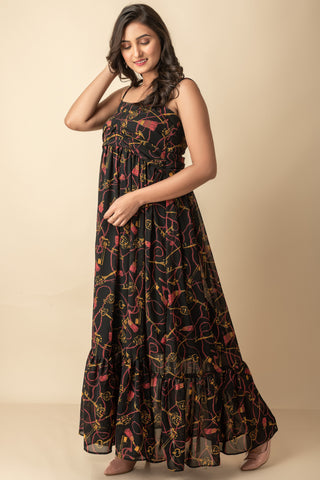 Black printed Chiffon maxi Indo Western wear dress Get Extra 10% Discount on All Prepaid Transaction