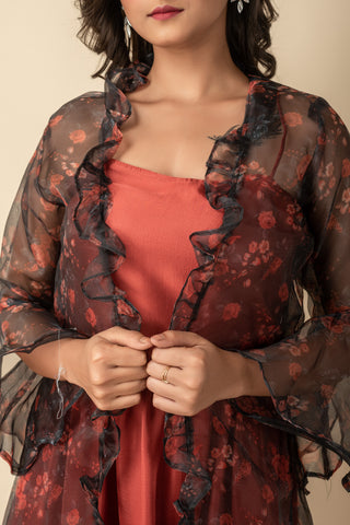 Rust Silk dress with organza digital printed Red Imported Long Indo Western Kurtis  wear jacket dress set