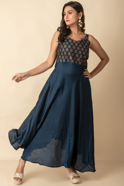 Navy Blue Silk Maxi Indo Western Wear Dress